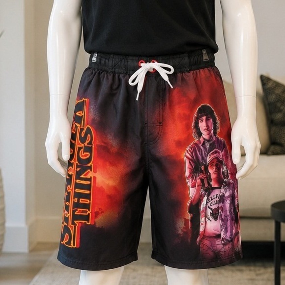 Stranger Things Boys Swim Shorts Graphic Print UV50 Black Red 14/16